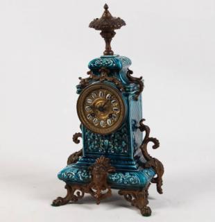 Appraisal: FRENCH BRONZE MOUNTED MAJOLICA CLOCK FRENCH BRONZE MOUNTED TURQUOISE COLORED