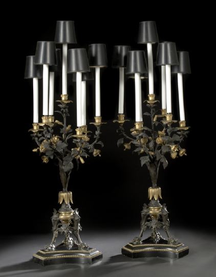 Appraisal: Good Pair of Continental Gilt- and Patinated Bronze Seven-Arm Candelabra