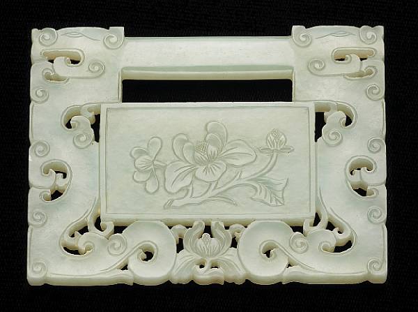 Appraisal: A pale greenish white jade rectangular pendant Qing Dynasty th