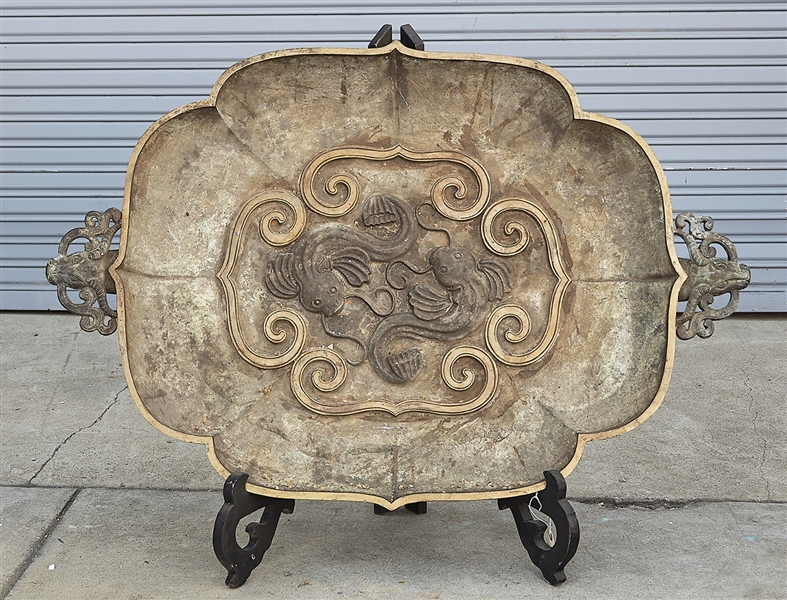 Appraisal: Large and heavy Chinese bronze tray with twin fish motif