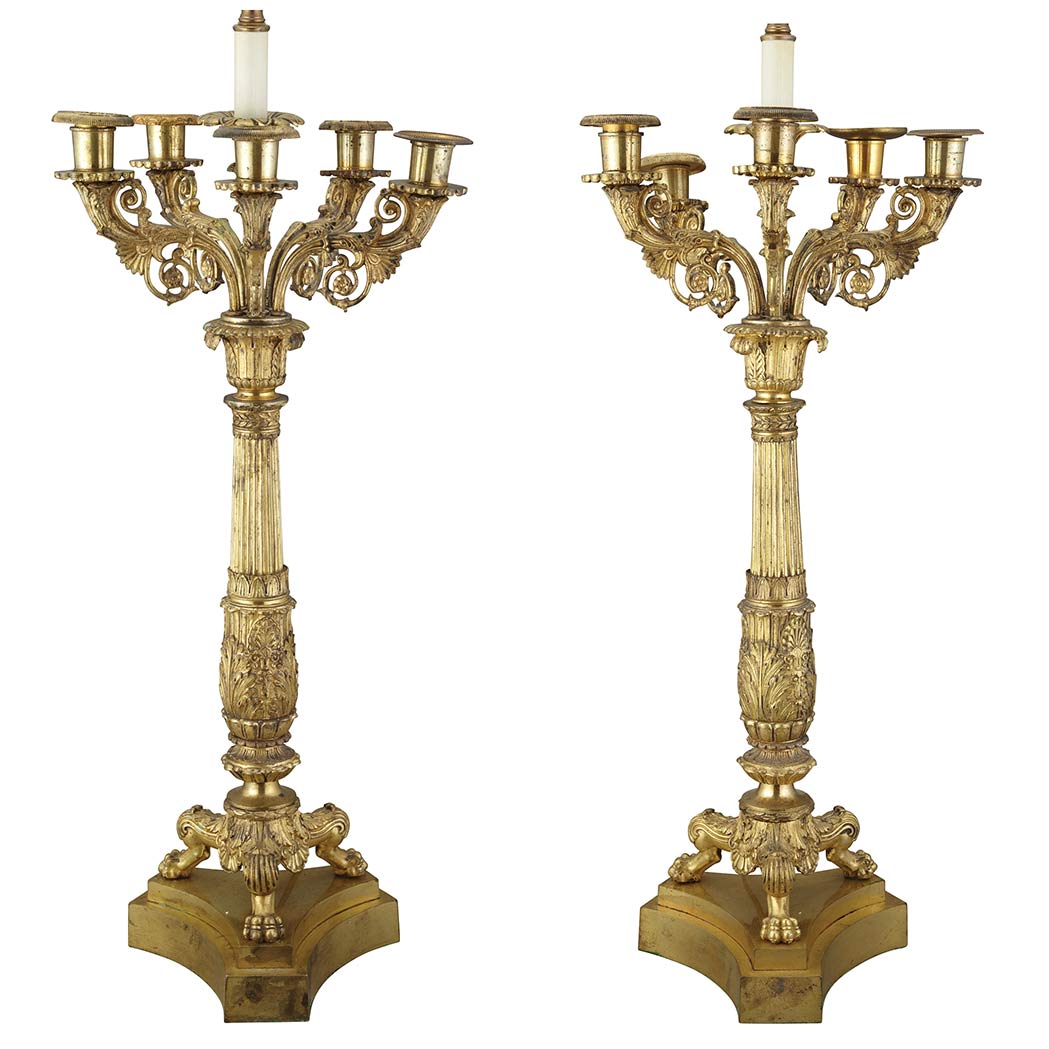 Appraisal: Pair of Empire Style Gilt-Metal Candelabra Lamps th Century Each