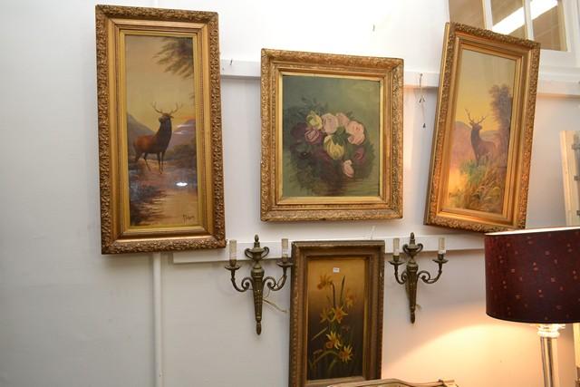 Appraisal: FOUR GILT FRAMED VINTAGE OIL PAINTINGS INCL DEER FLORAL ETC