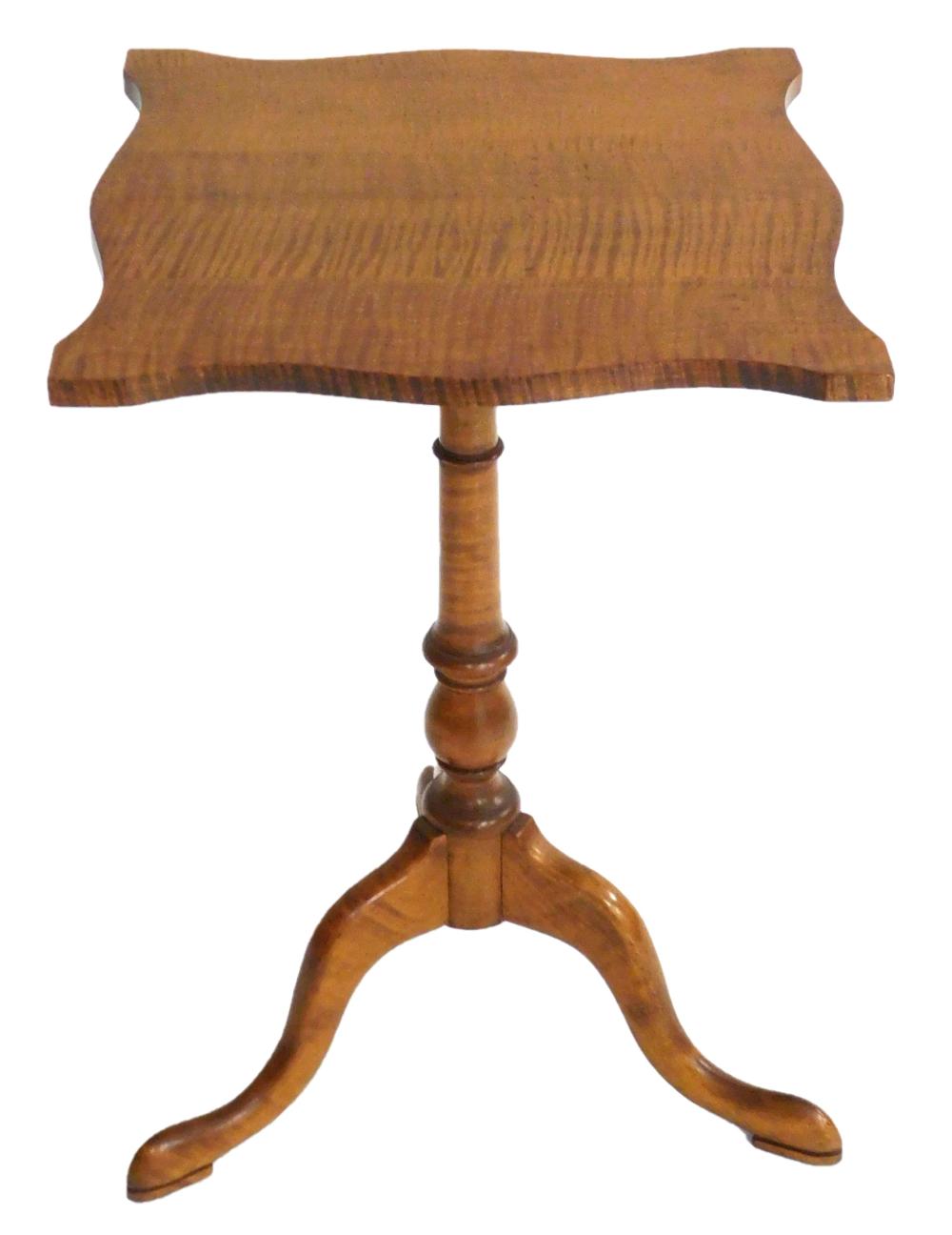 Appraisal: Finely made figured maple reproduction candlestand with shaped square top