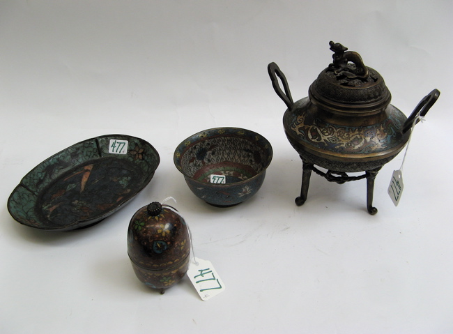 Appraisal: FOUR CHINESE CLOISONNE ITEMS the double handled censer having bronzed