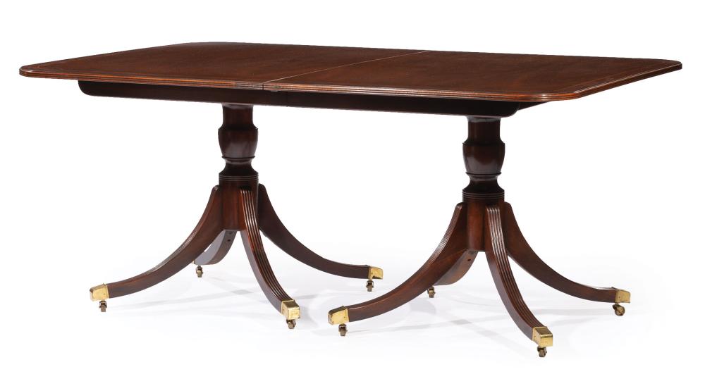 Appraisal: Baker Inlaid Mahogany Double Pedestal Dining Table banded reeded top