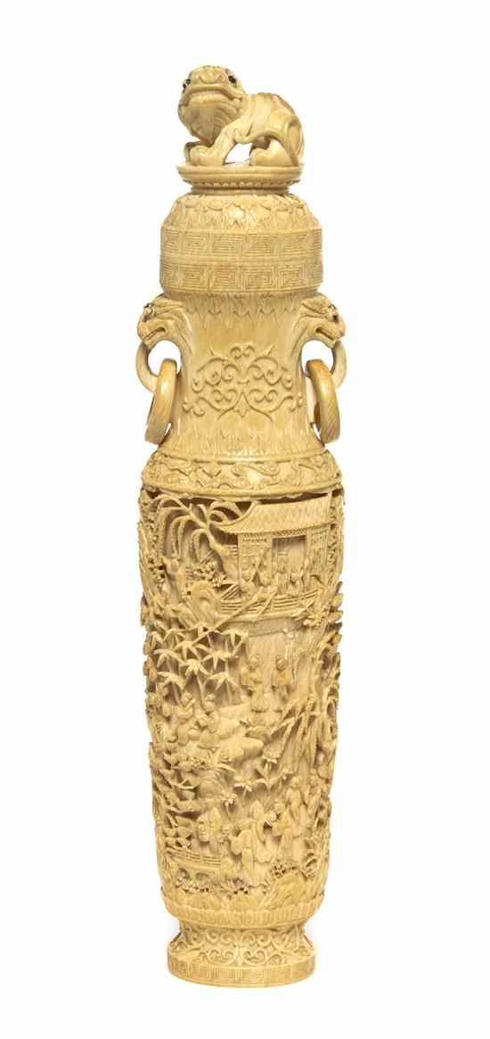 Appraisal: A Chinese Lidded Ivory Vase of cylindrical form having fu