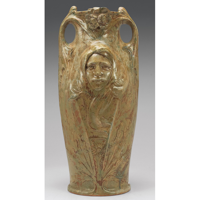 Appraisal: Gentil Bourdet floor vase double handled shape with sculpted faces