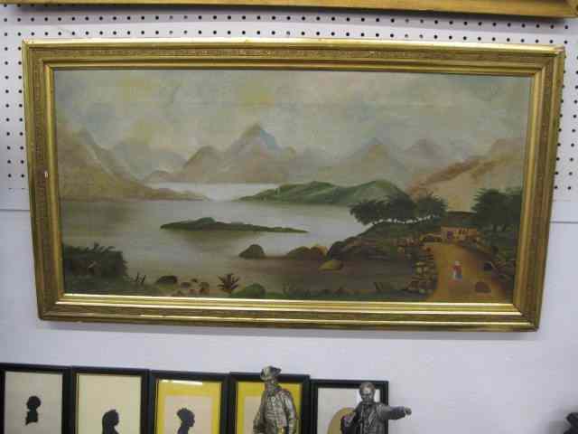 Appraisal: Oil Painting Villager in Mountainous LakeRegion on canvas image area