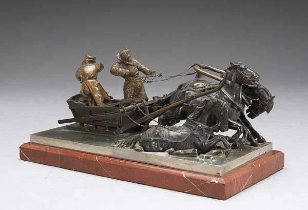 Appraisal: A patinated and silvered bronze troika group after Albert-Moritz Wolf