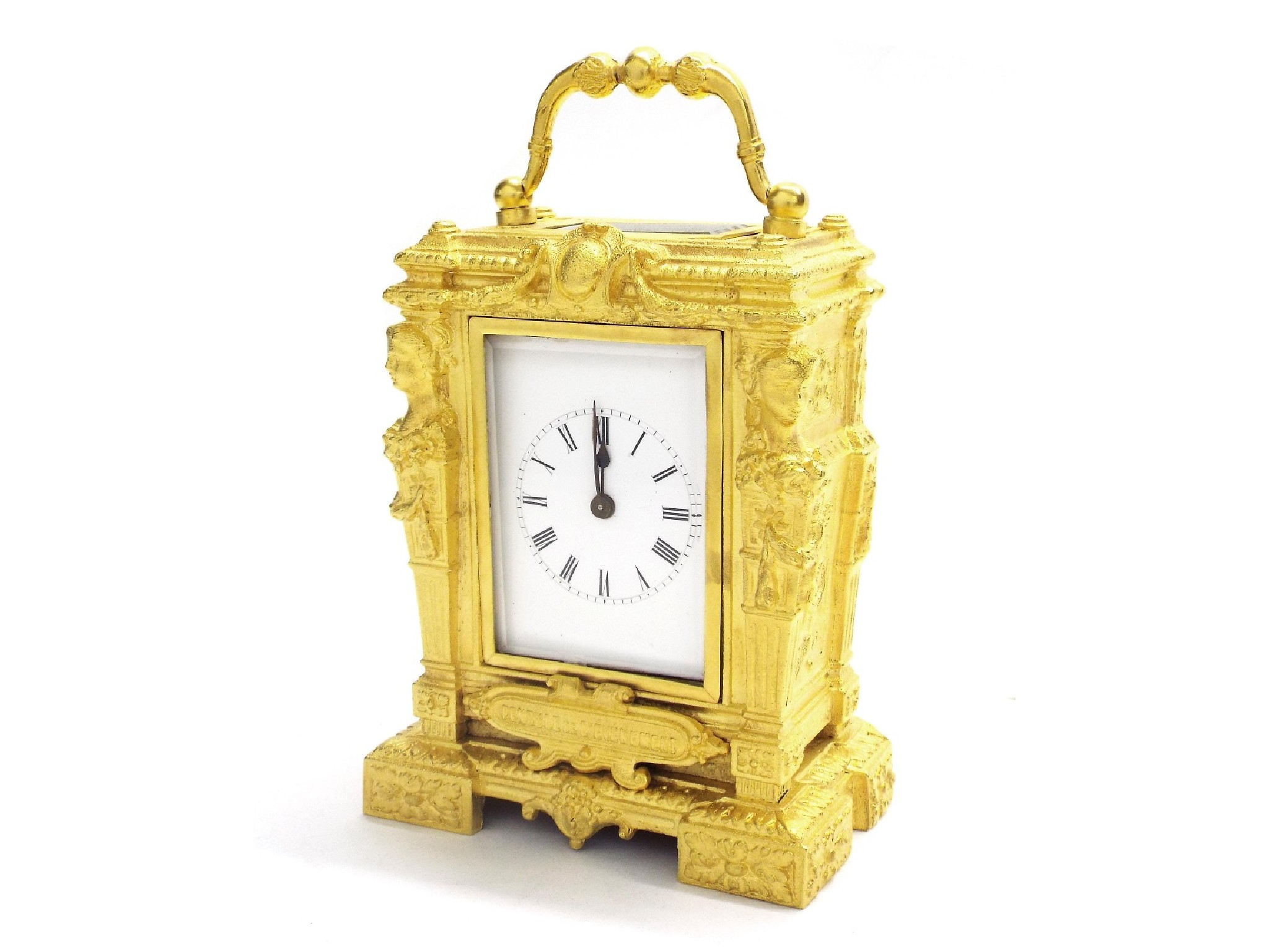 Appraisal: French gilt metal carriage type timepiece within an ornate cast