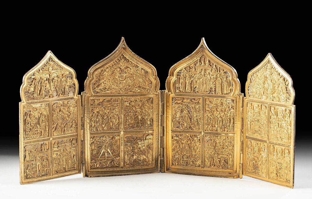 Appraisal: th C Russian Gilt Brass -Paneled Traveling Icon Eastern Europe