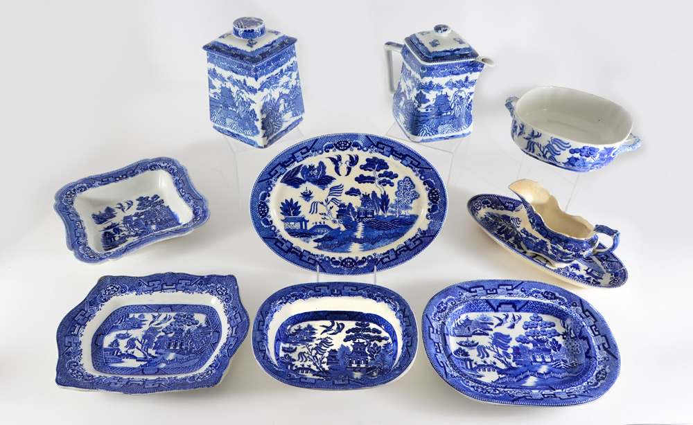 Appraisal: BLUE WILLOW CHINA SERVING PIECES piece group from Japanese and