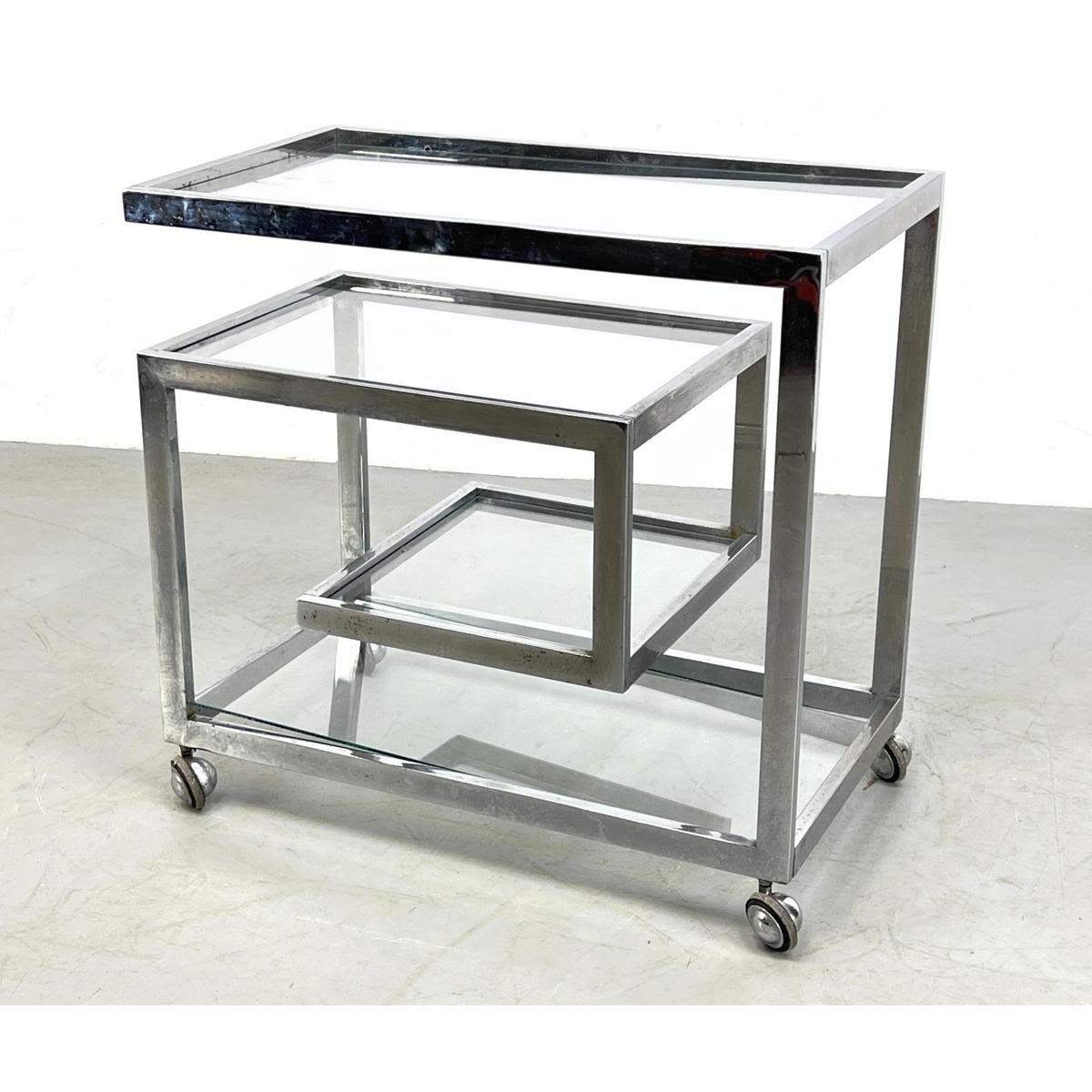 Appraisal: Chrome Frame Glass Shelf Rolling Serving Bar Cart Casters Dimensions