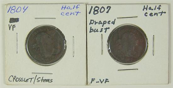 Appraisal: Two Draped Bust Half Cents -crosslet and stems VF and