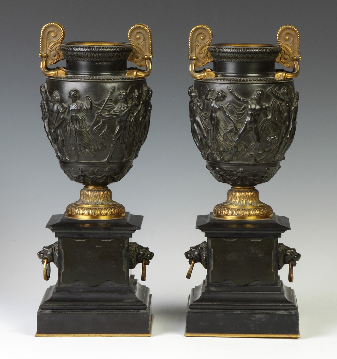 Appraisal: Pair of Classical Bronze Gilt Bronze Urns on Marble Bases