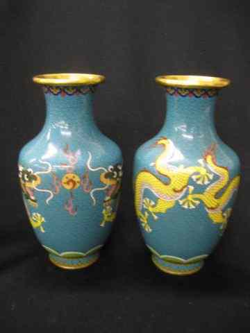 Appraisal: Pair of Chinese Cloisonne Vases yellow dragon decor on blue