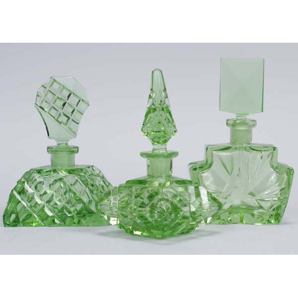 Appraisal: Three Green Czech Glass Art Deco Perfume Bottles x