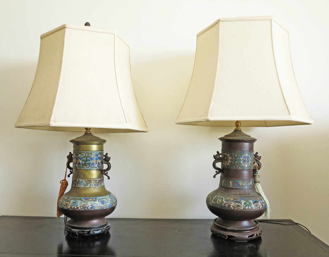 Appraisal: PAIR CHAMPLEVE TABLE LAMPS Brass body with floral motif champleve