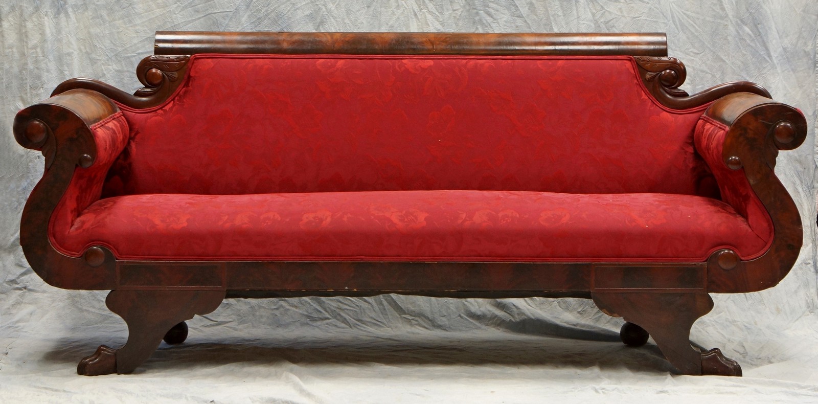 Appraisal: Mahogany Federal Sofa claw feet scroll arm with burgundy floral