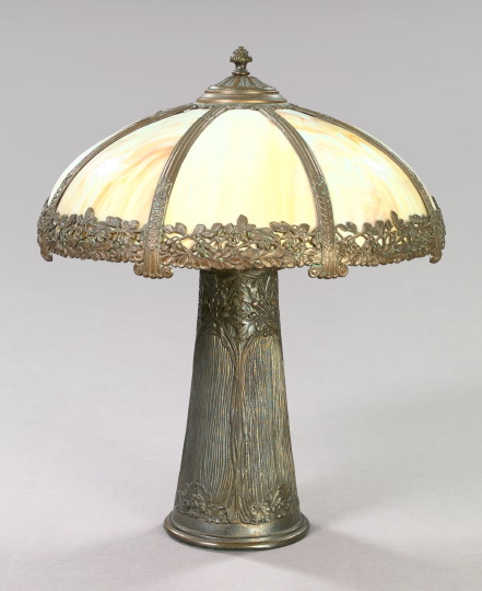 Appraisal: American Weighted Bronze-Patinated Copper and Caramel Slag Glass Parlor Lamp