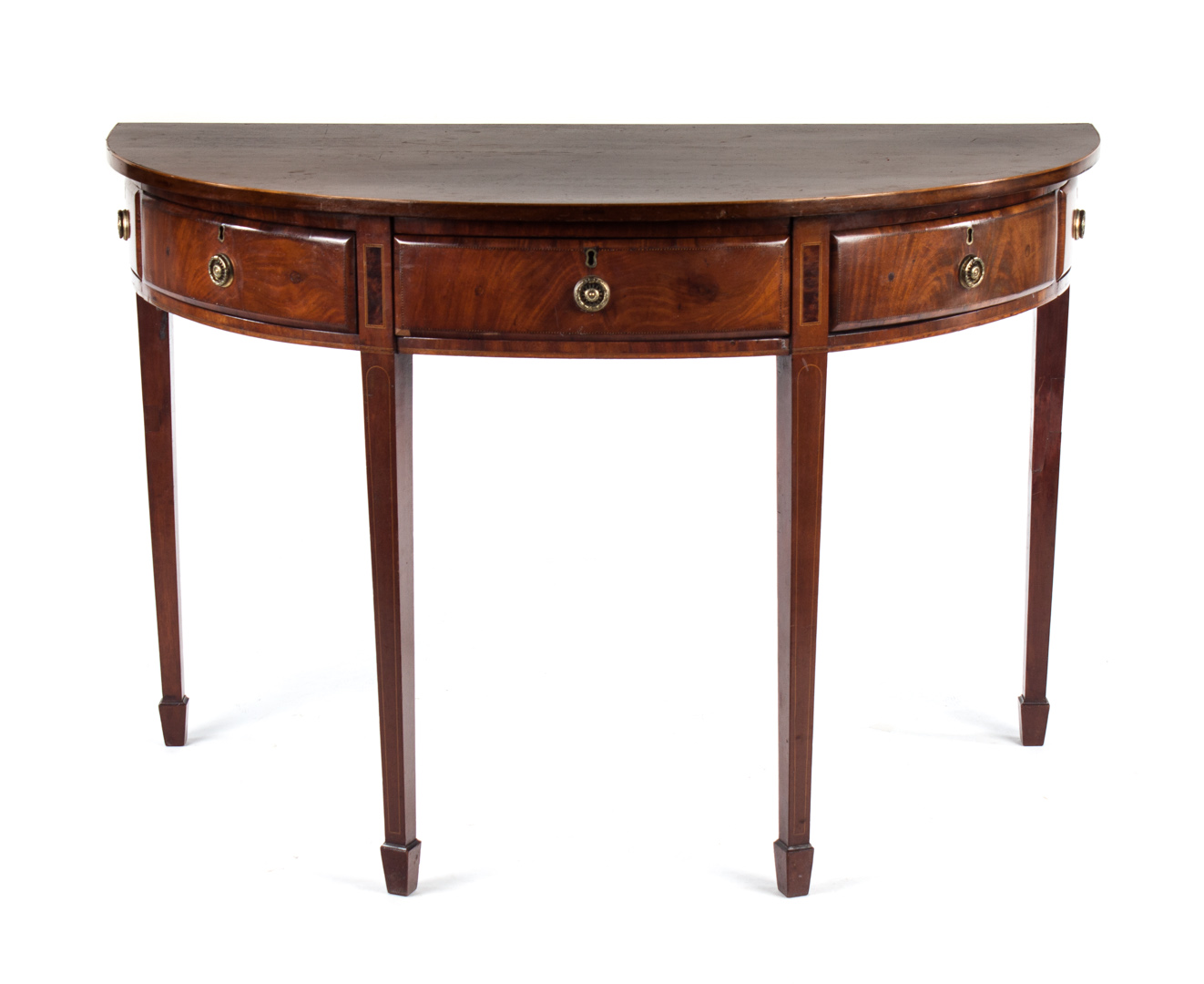 Appraisal: George III inlaid mahogany demilune server flat top with inlaid