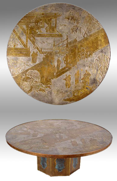 Appraisal: PHILIP KELVIN LAVERNE CHAN BRONZE COFFEE TABLE Oriental Motif circular