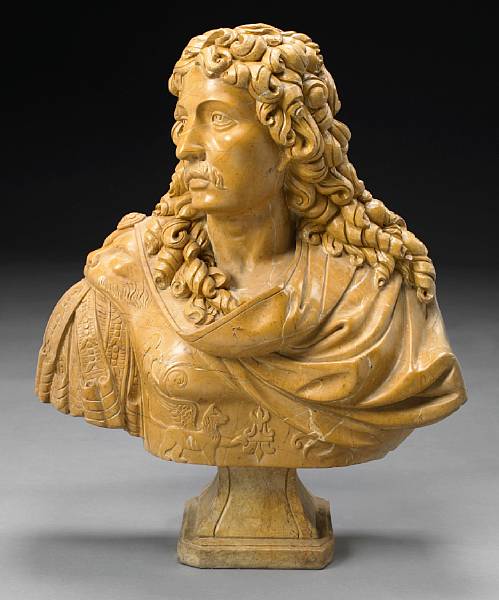 Appraisal: A carved marble bust of Louis XIV The bust of