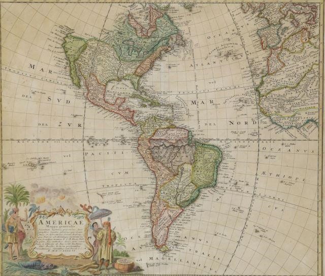 Appraisal: Framed hand-painted map of the Americas engraved and illustrated after