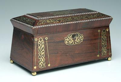 Appraisal: Brass inlaid tea box sarcophagus form with extensive brass inlay