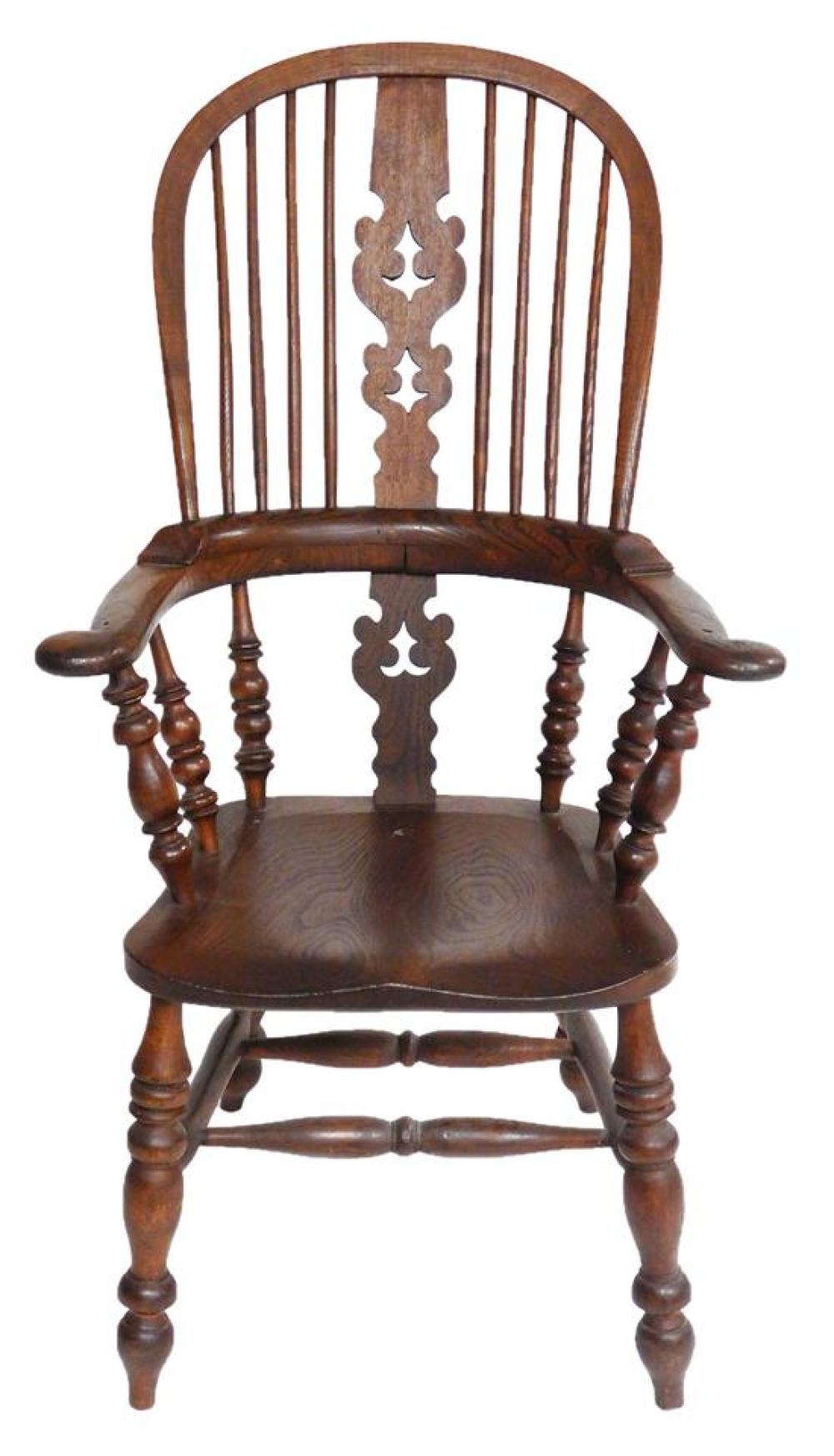 Appraisal: English Windsor armchair th C hoop-back with eight spindles and