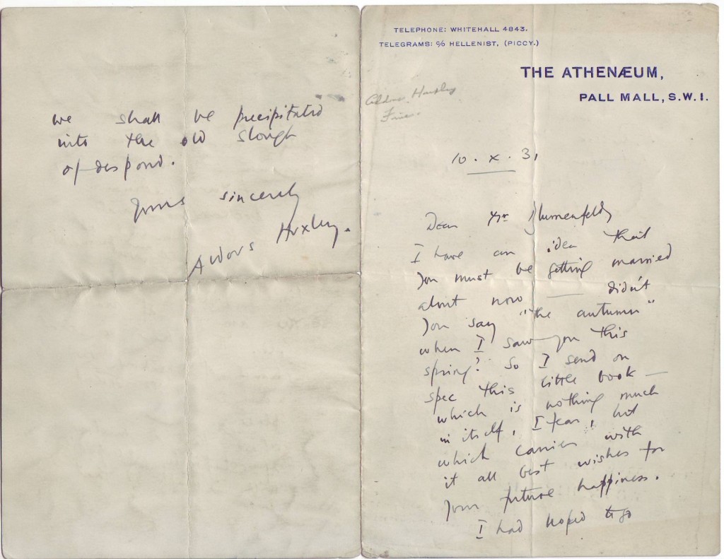 Appraisal: HUXLEY ALDOUS Autograph Letter Signed to Dear Mr Blumenfeld sending