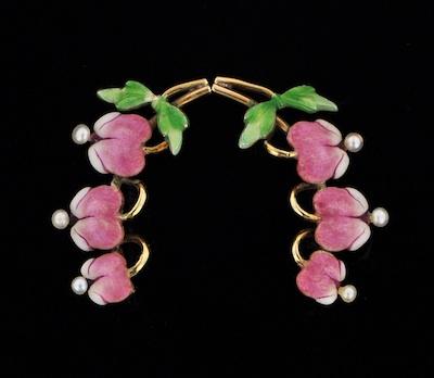 Appraisal: A Pair of Enameled Bleeding Heart Design Earclips k yellow