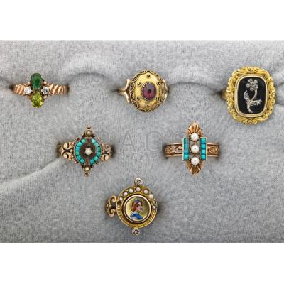 Appraisal: VICTORIAN STYLE GOLD RINGS th- th C Six pieces includes