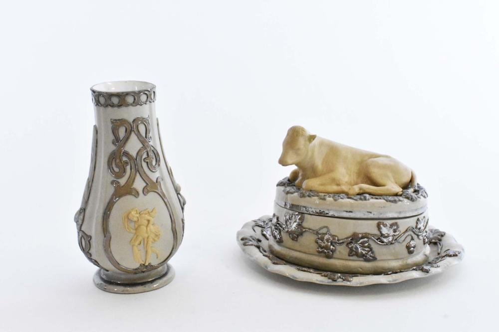 Appraisal: TWO SILVER OVERLAID STONEWARE TABLE OBJECTSOne with a seal impressed