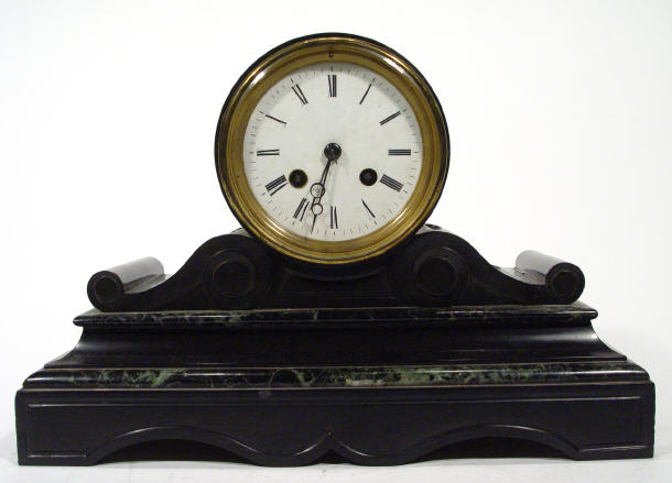 Appraisal: Victorian black slate and green marble mantel clock with enamel