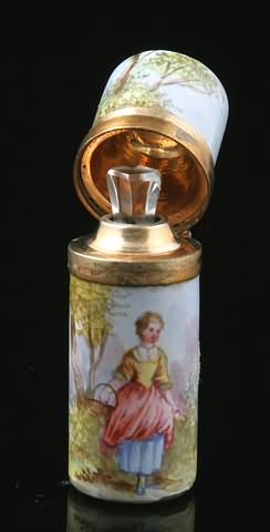 Appraisal: Painted with figure in natural landscape hinged silver gilt top