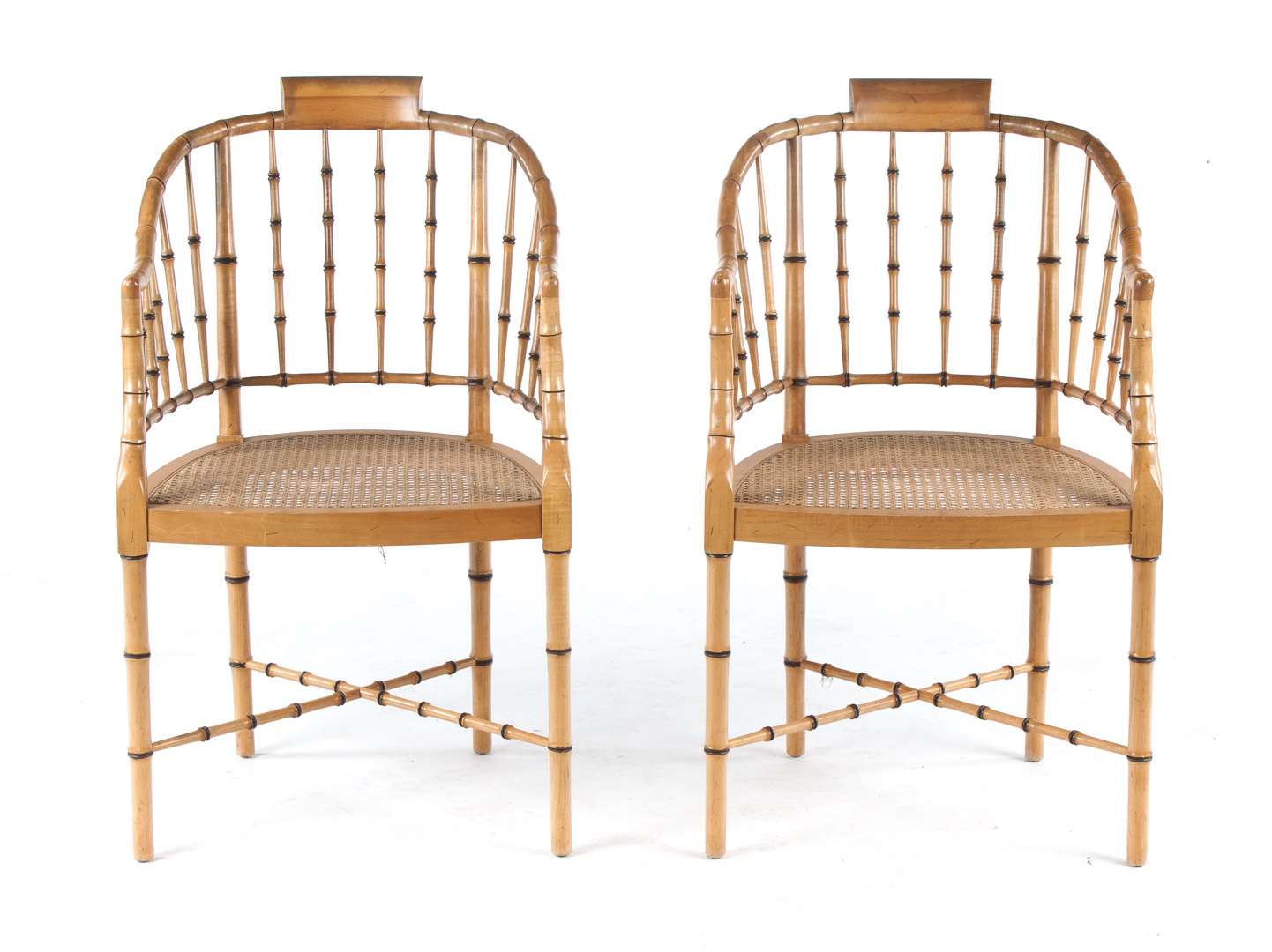 Appraisal: Pair of Baker maple and caned armchairs th century Regency