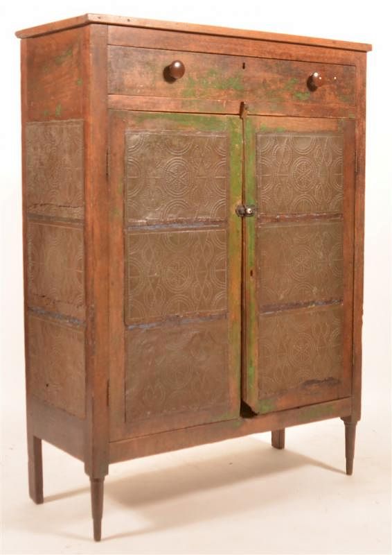 Appraisal: Sheraton Mixed Wood Punched Tin Pie Safe American Country Sheraton