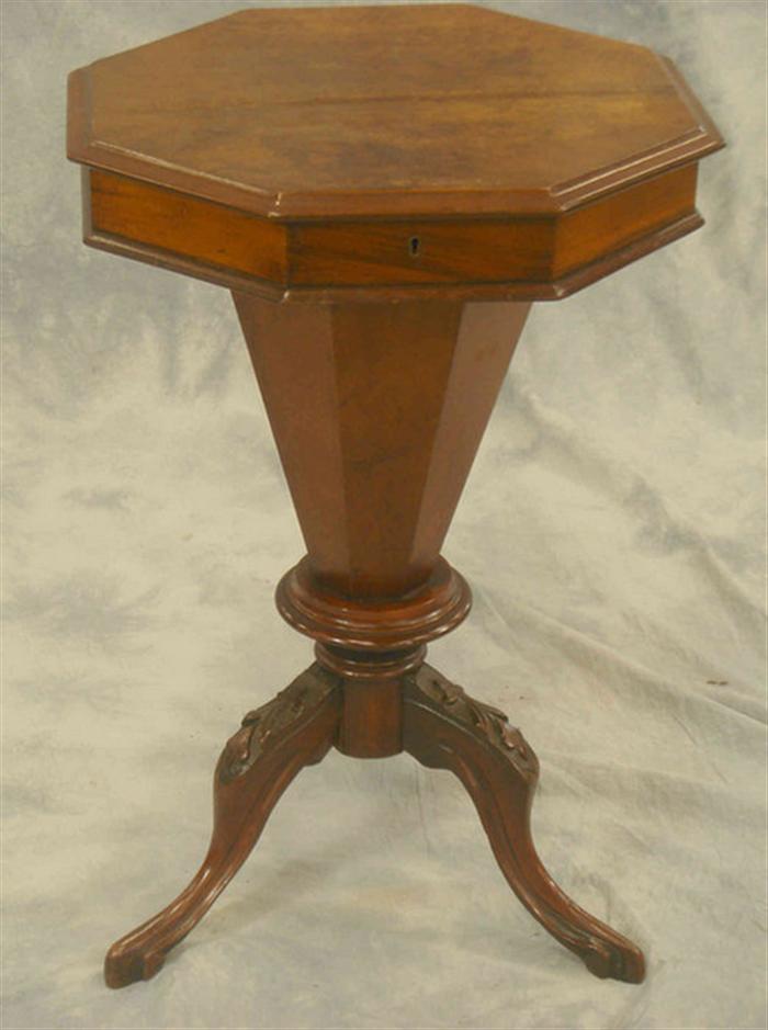 Appraisal: Carved octagonal mahogany sewing stand hinges removed and top glued