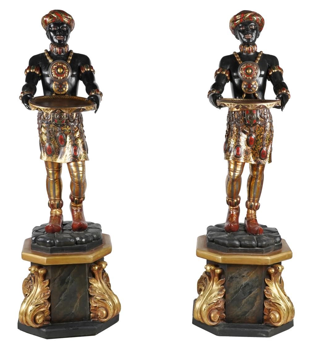 Appraisal: PAIR OF VENETIAN-STYLE BLACKAMOOR FIGUREScarved polychrome-painted and gilt wood on