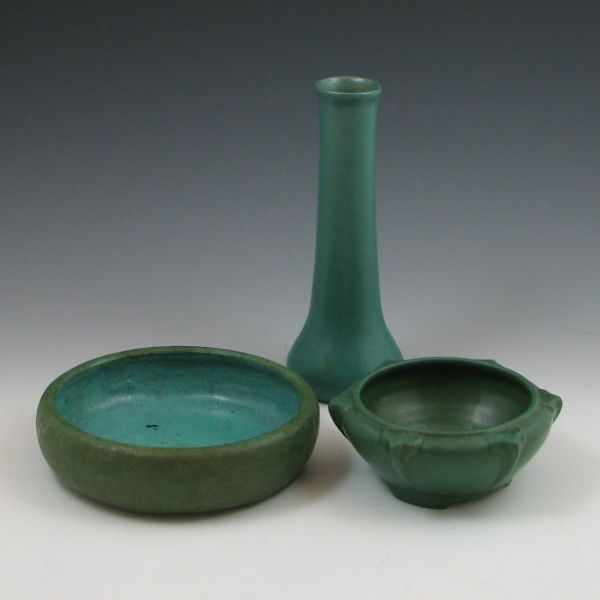 Appraisal: Three pieces of matte green pottery including a vase and