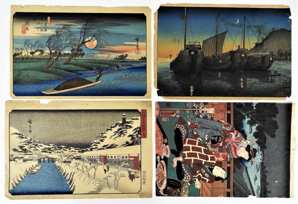 Appraisal: ANTIQUE JAPANESE WOODBLOCK PRINTS WINTER SCENE Japan th- th CenturyFour