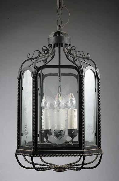 Appraisal: A Suite of Three Continental Iron and Etched Glass Lanterns