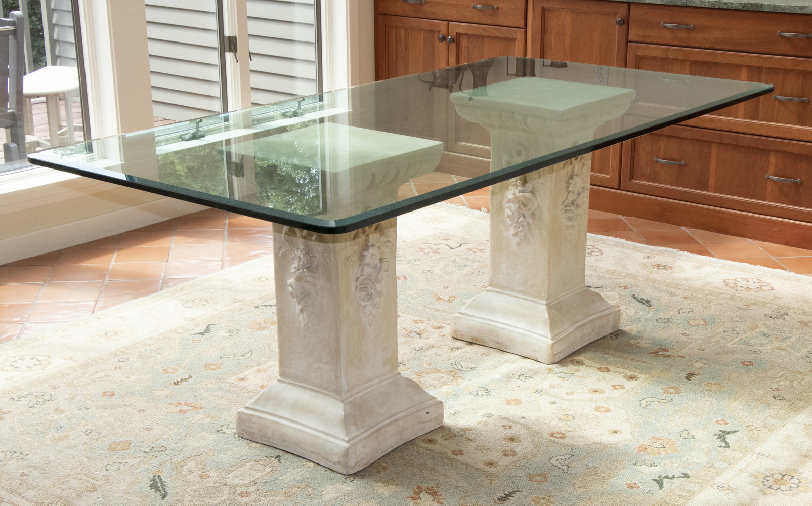 Appraisal: GLASS DINING TABLE ON PLASTER COLUMNS Thick glass slab dining