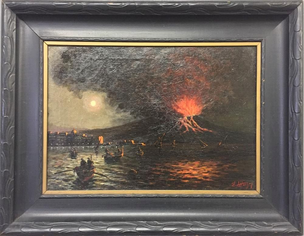 Appraisal: Oil on Canvas of Erupting Volcano at Night Oil on