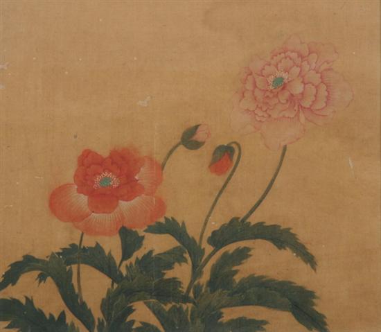 Appraisal: CHINESE SCHOOL FLOWERS Color and ink on silk unsigned -