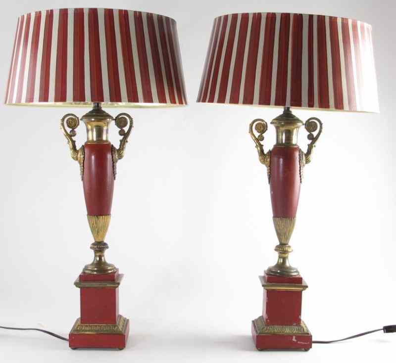 Appraisal: Pair of Semi-Antique Neo-Classical Lampsred painted metal and wood urn