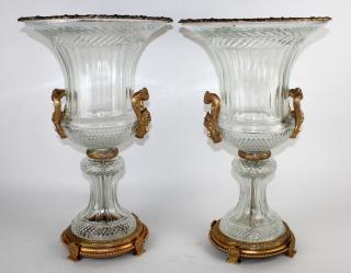 Appraisal: Pair of crystal double handled urns with gilt bronze h