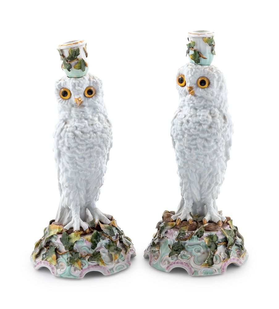 Appraisal: A Pair of Continental Owl-Form Porcelain Candlesticks A Pair of