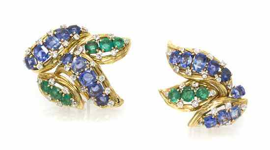 Appraisal: A Pair of Karat Yellow Gold Sapphire Emerald and Diamond